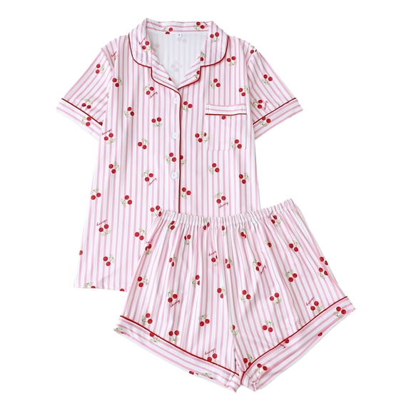 Yuncity Women'S Pajamas 2 Piece Short Sleeve Cute Cherry Print Button Down Shirt With Shorts Set Sleepwear Loungewear Soft Comfortable Breathable Pjs S-Xl