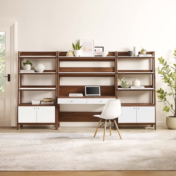 Modway Bixby 3-Piece Wood Office Desk and Bookshelf in Walnut White