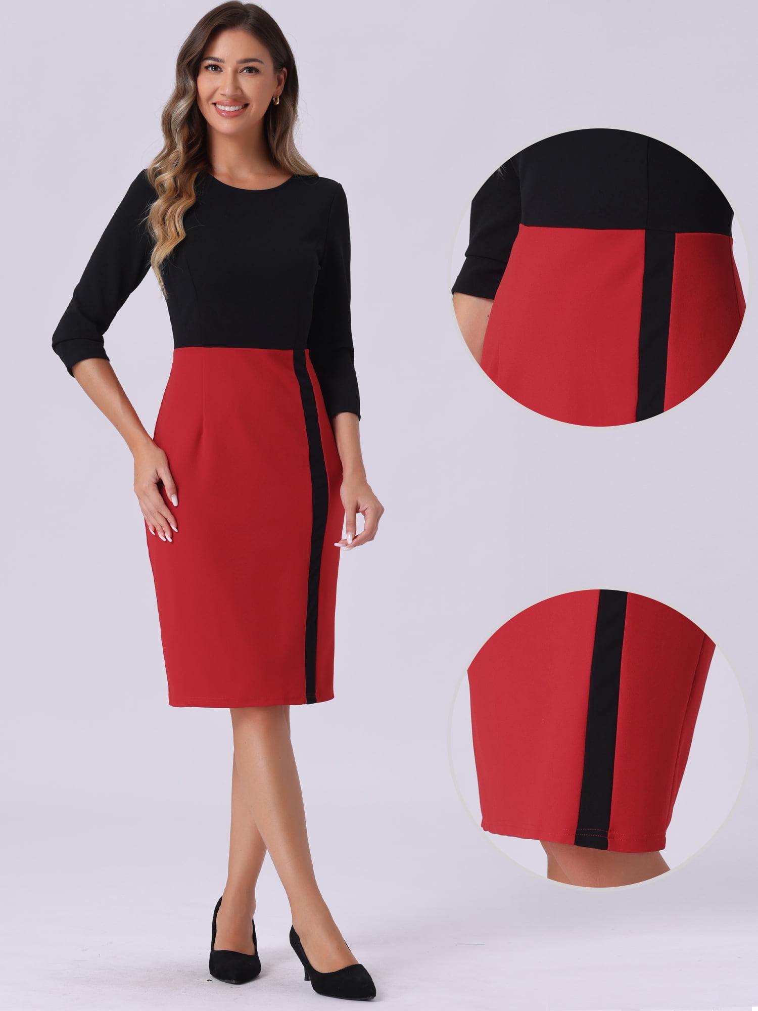 DARING DIVA Round Neck 3/4 Sleeves Contrast Sheath Elegant Pencil Dress L Red