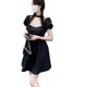 thumbnail image 2 of Mini vestido fruncido de manga corta abombada, vestido de línea A sin espalda, vestido con lazo en la espalda de poliéster, vestido de una pieza para fiesta y viaje, 2 of 8