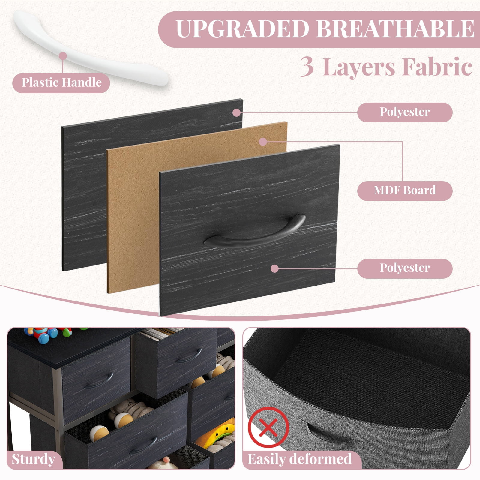 Dresser, Betcozy Storage Organizer with 5 Drawers for Bedroom, Chest of Drawers with Fabric Bins, Sturdy Metal Frame, Wood Tabletop, Black