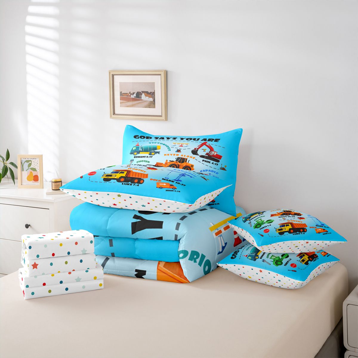 Manfei Construction Truck 7-Piece Twin Bedding Sets,Excavator Bedding Comforter Set,Equipment Vehicles Bulldozer Sheet Sets For Boys Teens,Microfiber Bedroom Decor Reversible
