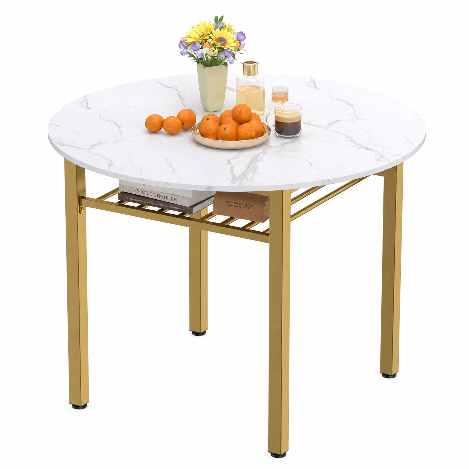 Furnibear 40 Inch Round Kitchen Dining Table with Storage Shelf and Metal Frame