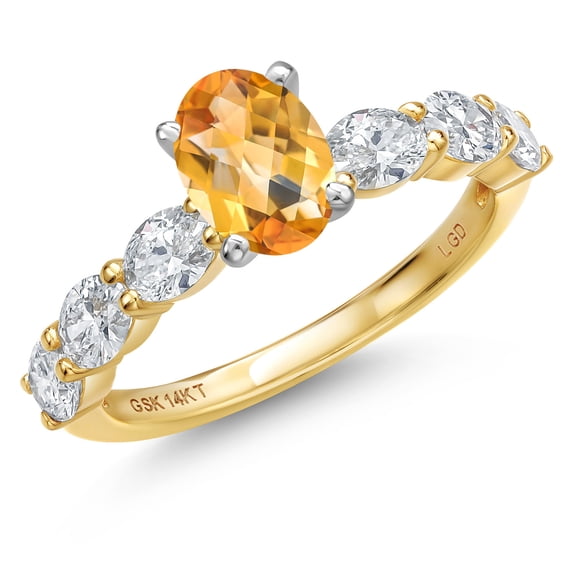 Gem Stone King 14K Two Tone Gold Yellow Citrine and Lab Grown Diamond Engagement Ring for Women | 1.63 Cttw | Oval Checkerboard 7X5MM | Gemstone November Birthstone | Size 5