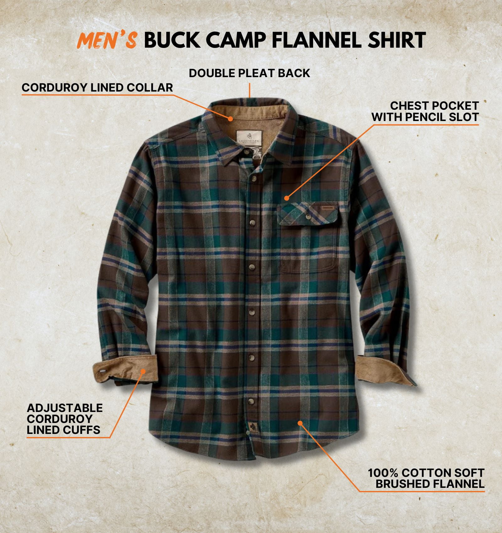 thumbnail: Legendary Whitetails Buck Camp Flannel – Lange Mouwen, Corduroy Manchetten | Casual Overhemd Voor Heren In Grote Maten