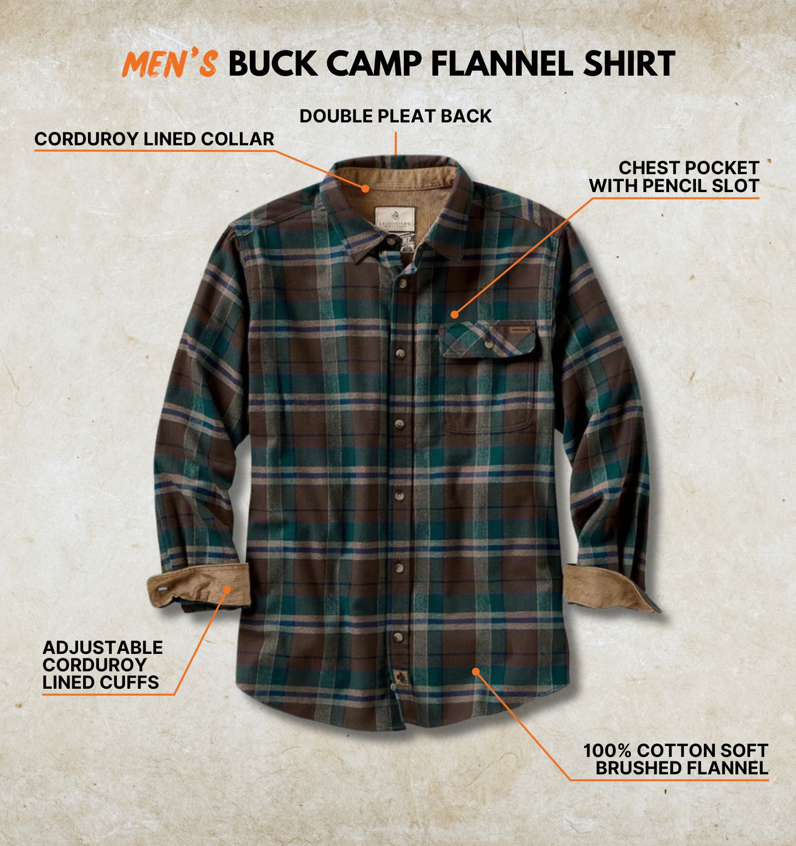 Legendary Whitetails Buck Camp Flannel – Lange Mouwen, Corduroy Manchetten | Casual Overhemd Voor Heren In Grote Maten