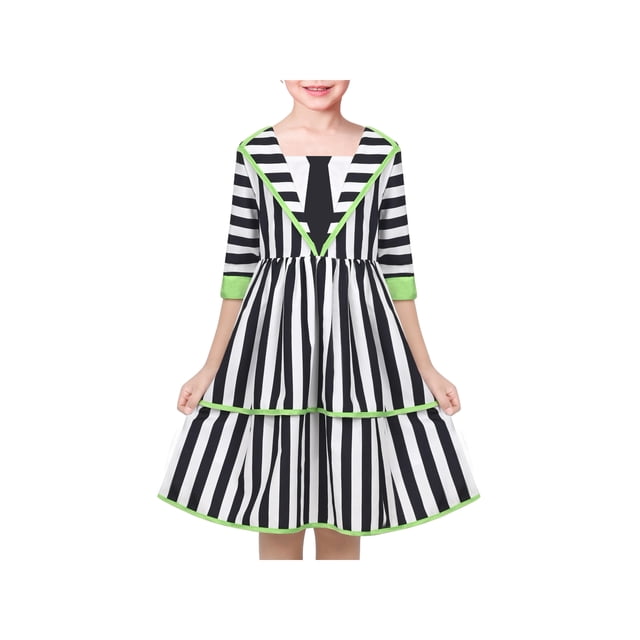 Vestido de Niña Negro Blanco a Rayas Gótico Retro de los Años 1950 con Capas Halloween 7 Años