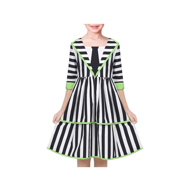 Vestido de Niña Negro Blanco a Rayas Gótico Retro de los Años 1950 con Capas Halloween 7 Años
