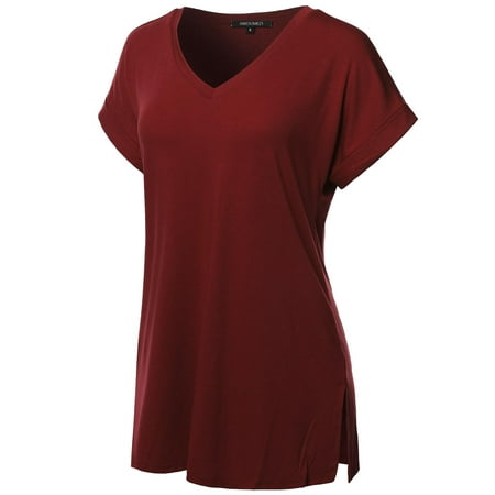 - FashionOutfit Women's Solid Rolled Up Short Sleeve Over-Sized V-Neck Tunic Top