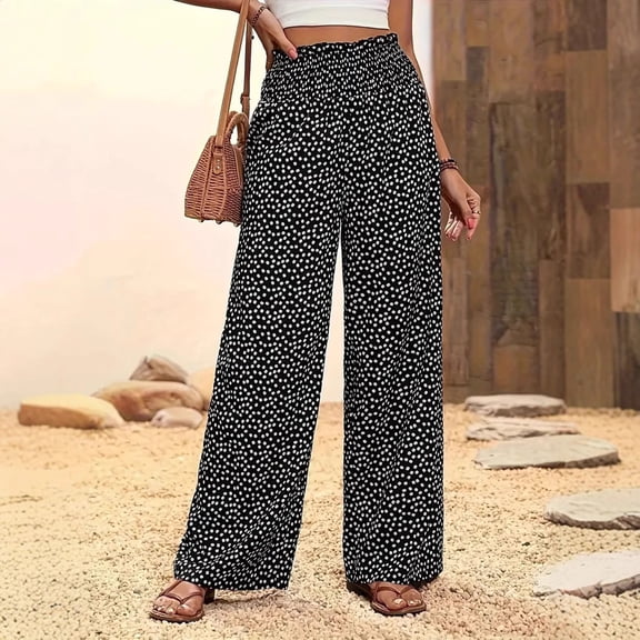 Oiangi Women's Wide Leg Pants Polka Dots Smocked Waist Palazzo Pant Fall Flowy Vacation Travel Trousers Black 2XL