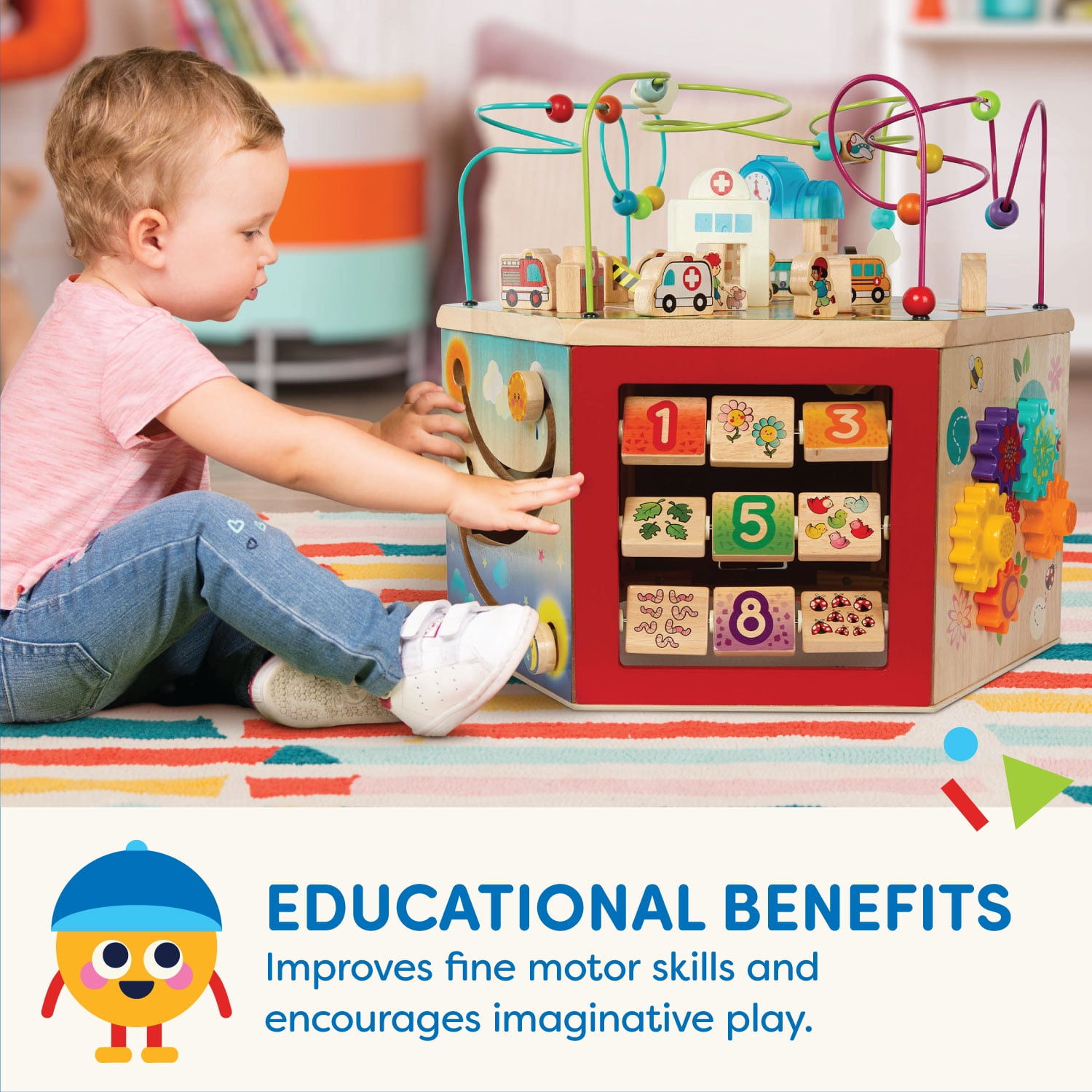 Battat CurioCity Wooden Activity Center Toy with 7 Sides and Bead Maze, Baby and Toddler  12 Months +