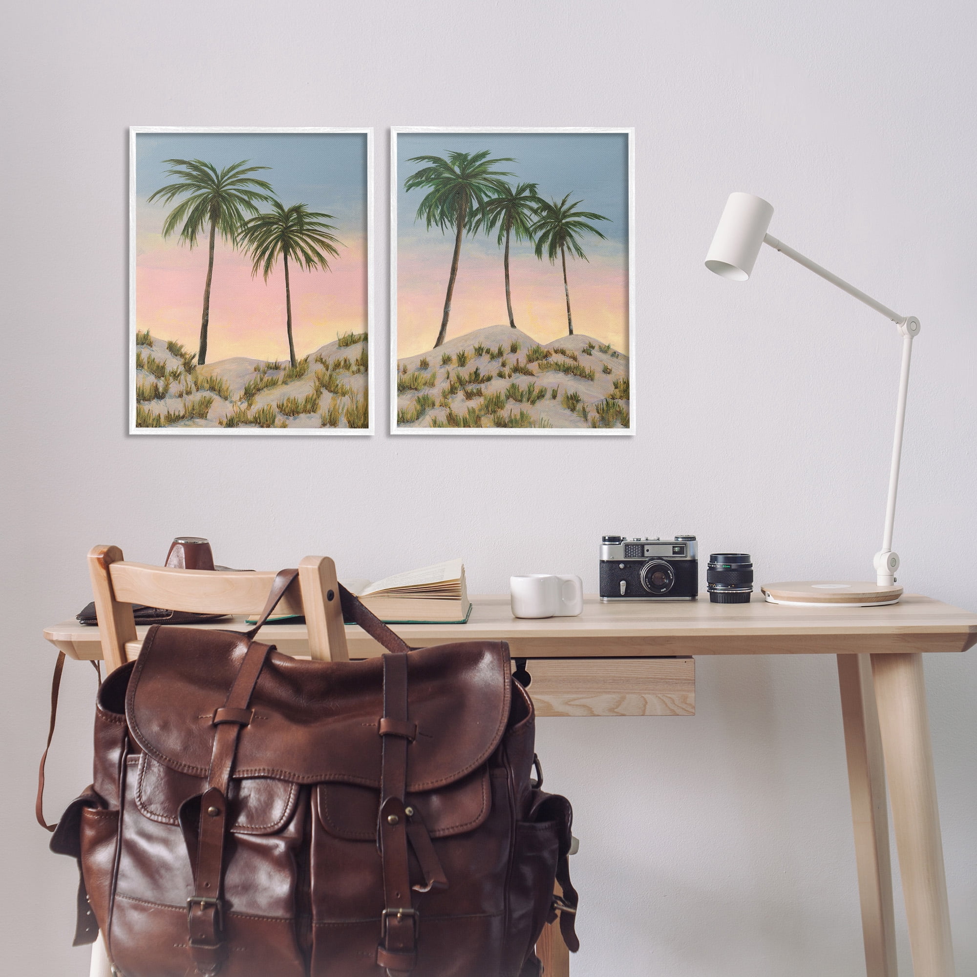 Stupell Industries Sunrise Tropical Scene Landscape Painting White Framed Art Print Wall Art, 16 x 20, Set of 2
