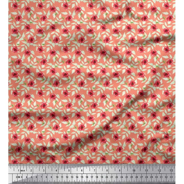 Soimoi Rayon Crepe Fabric Leaves & Poppy Floral Printed Fabric 1 Yard 46 Inch Wide