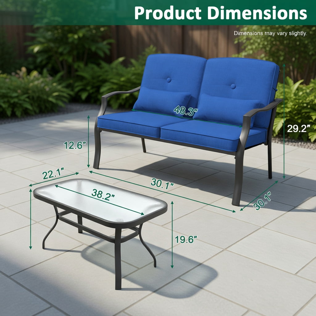 Hommoo Outdoor Loveseat Set with Black Metal Frame, Cushions & Tempered Glass Coffee Table, Patio Seating for Backyard, Poolside & Balcony, Navy