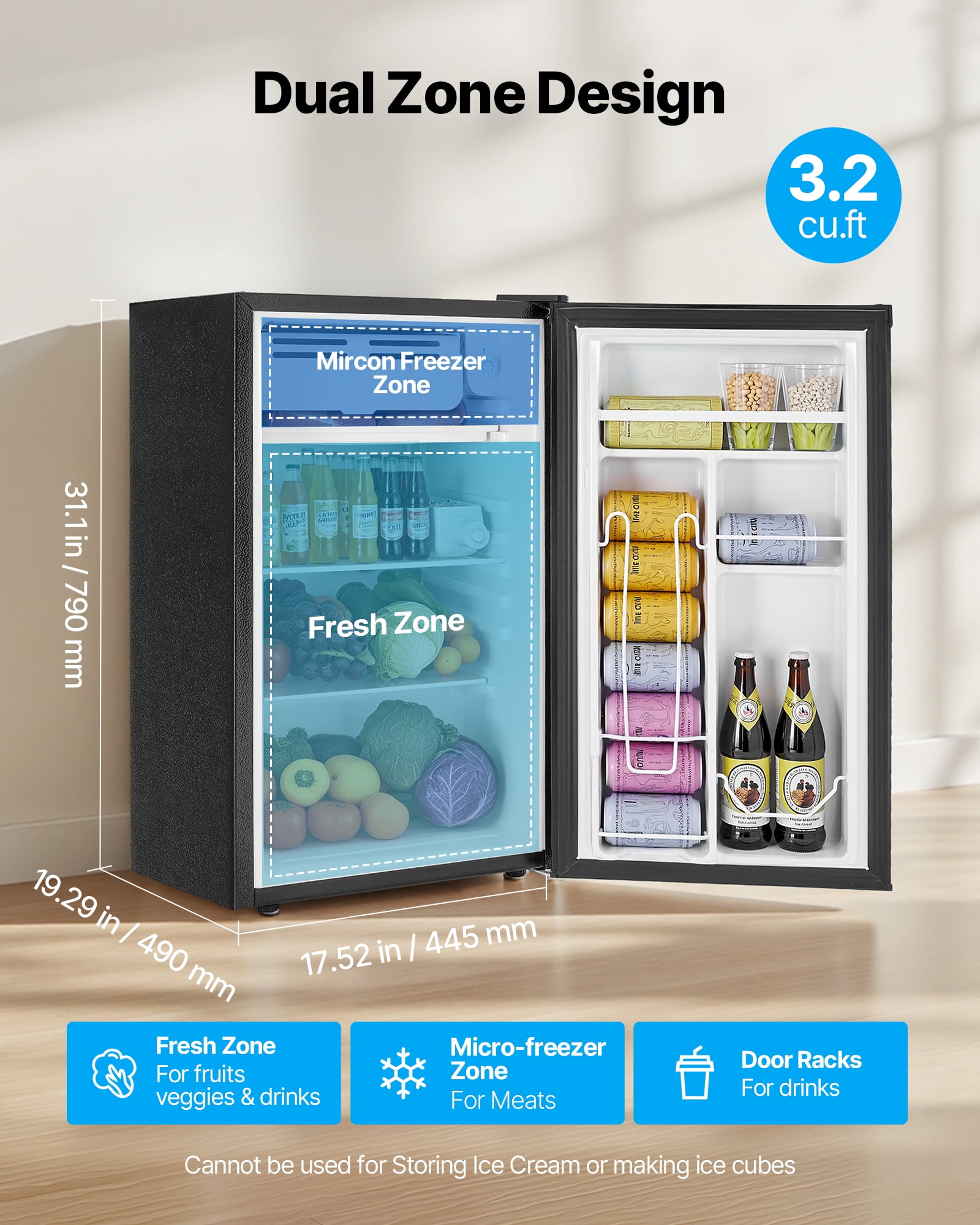 VEVOR Mini Fridge, 3.2 Cu.Ft, Single Door Compact Refrigerator, Adjustable Temperature, Glass Shelf, Energy Efficient Small Refrigerator, Reversible Door, Low Noise, for Bedroom Dorm Office, Black