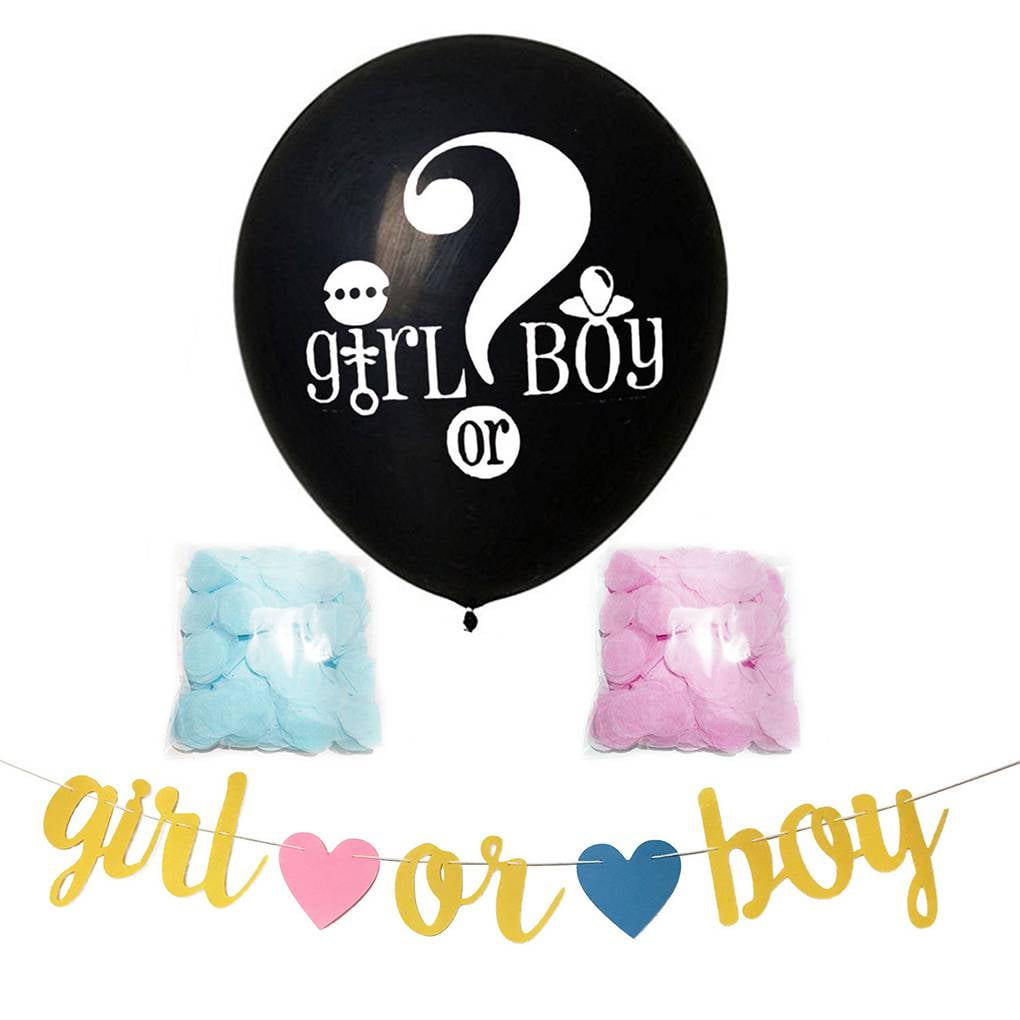 1 Set 36 Inch Black Round Latex Balloon Banner Boy or Girl He or She Gender Reveal Party Balloon with Pink Blue Confetti
