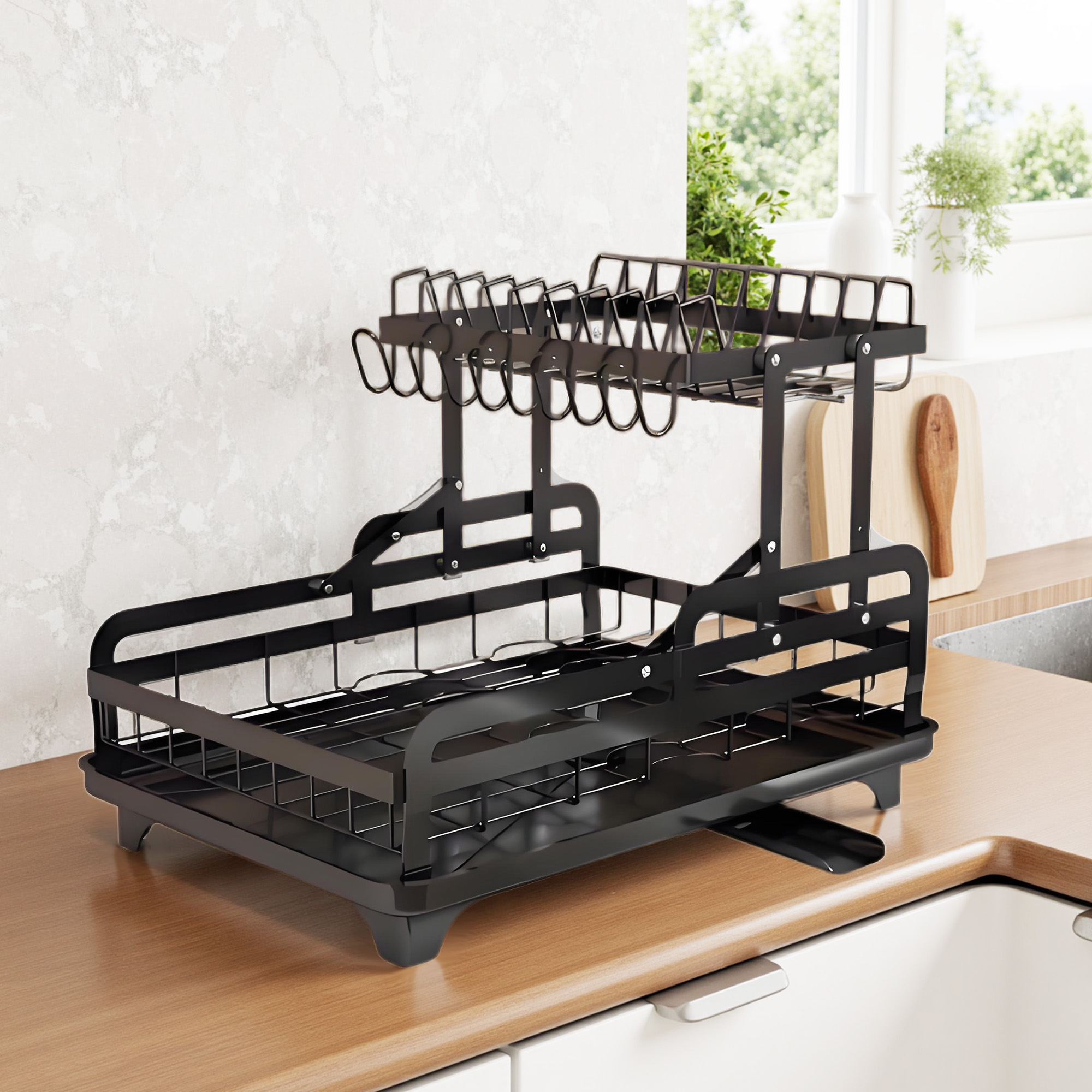 2-Tier Dish Drying Rack,Carbon Steel Dish Rack with Cutlery Holder for Kitchen Counter,Black