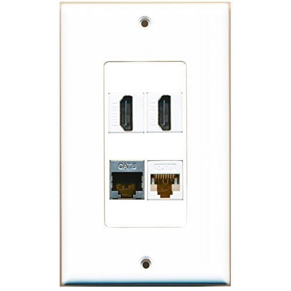 RiteAV - 2 Port HDMI 1 Port Shielded Cat6 Ethernet 1 Port Cat6 Ethernet White Wall Plate Decorative