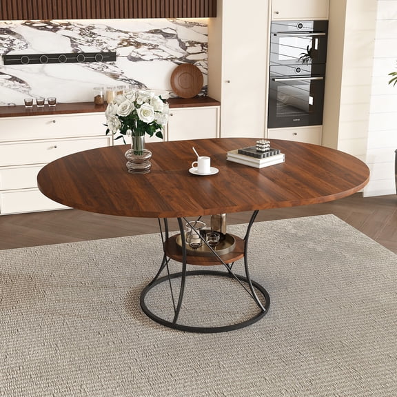 AENKYO 43"-59" Expandable Round Dining Table with Storage, Walnut Top & Black Hourglass Metal Base, Seats 4-6