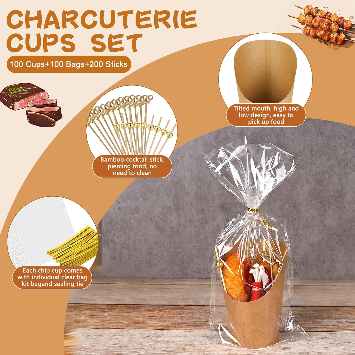 SONGAUN 100 Sets Charcuterie Cups, Disposable Appetizer Cups, 4 oz Brown Kraft Paper Snack Boxes (100 Cups+100 Bags+200 Sticks)