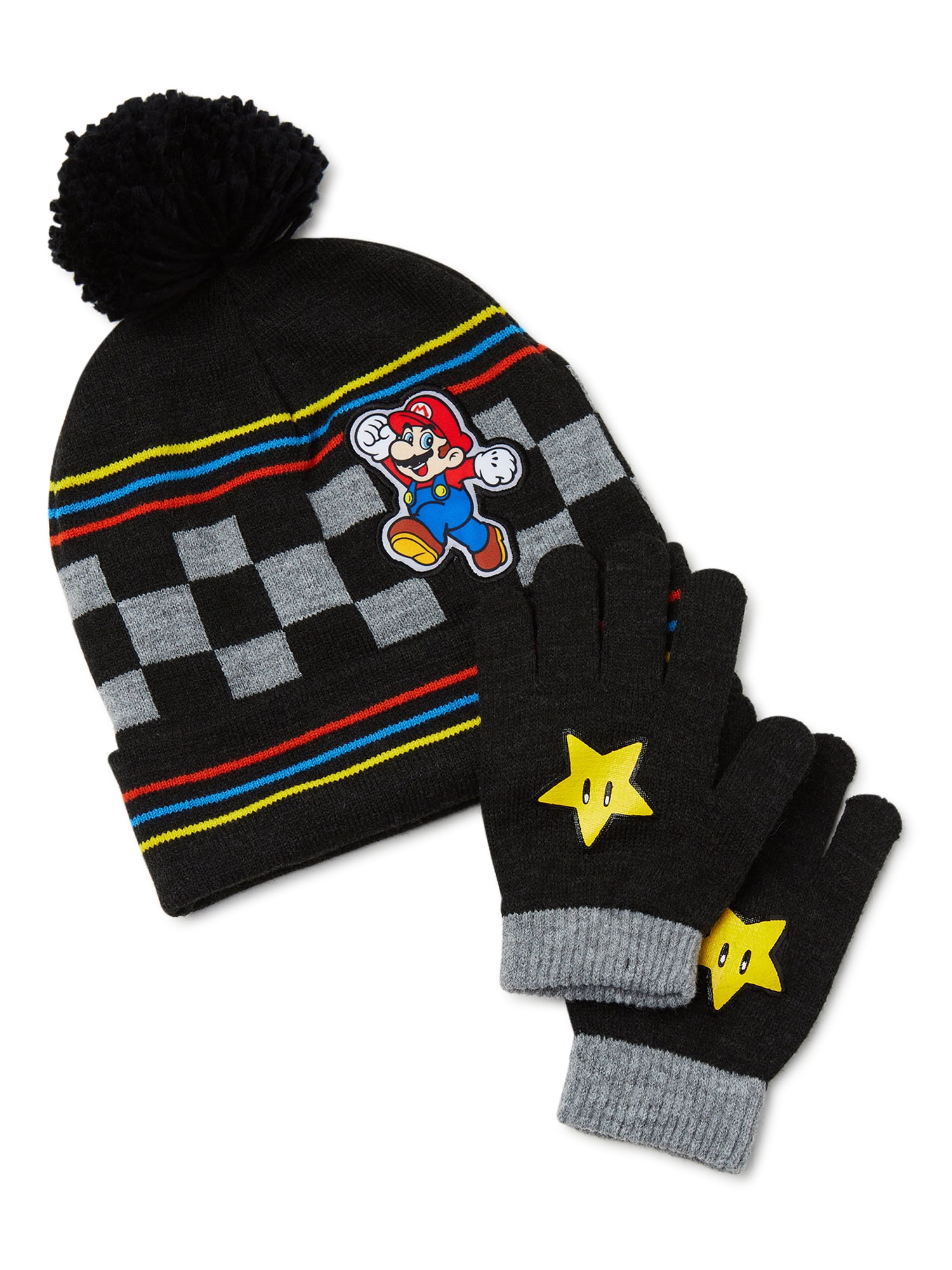 Nintendo Super Mario Boys Pom Beanie with Matching Gloves, 2-Piece