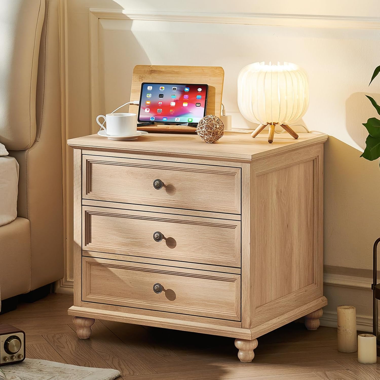 Farmhouse Nightstand with Charging Station 24 Wide End Table with 3 Drawers Natural Wood Dresser for Bedroom Bed Side Table Chest of Drawers Cabinet Night Stand for Living Room Closet