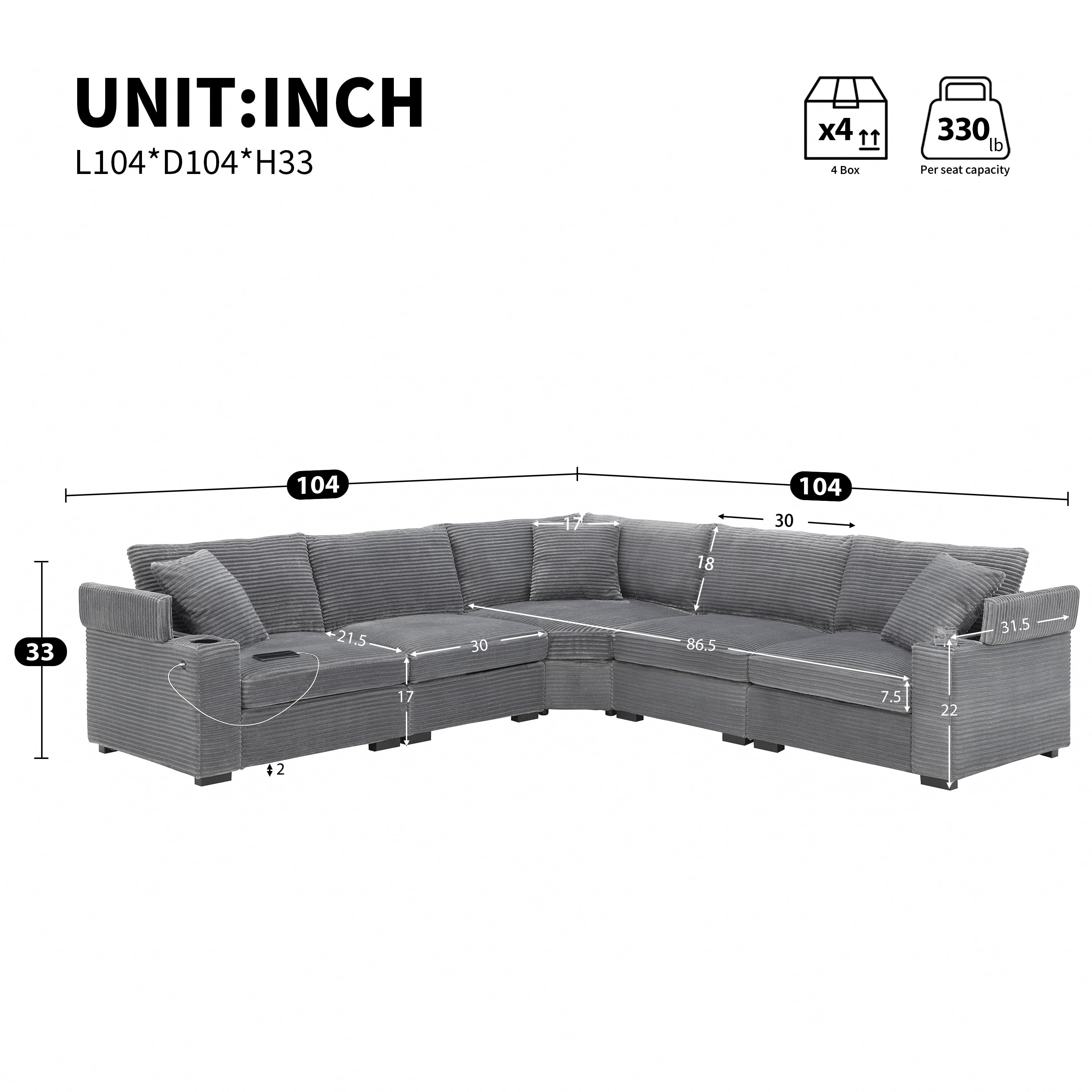 AISWORD 104" 5-Seater Corduroy Modular Sectional Sofa, Oversized L-Shaped Corner Couch with USB Charger, Arm Storage & Cup Holders for Living Room, Gray