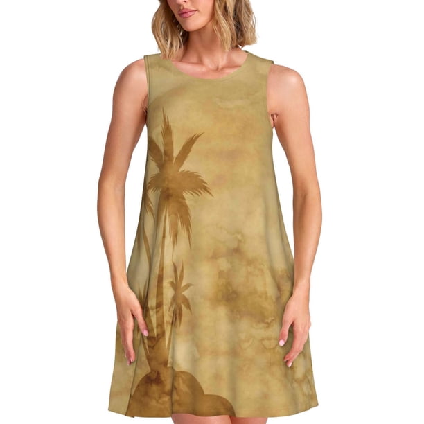 Balery Retro Palm Tree Vestidos de verano para mujer con estampado: vestido holgado sin mangas, vestido playero informal y cómodo para días calurosos.