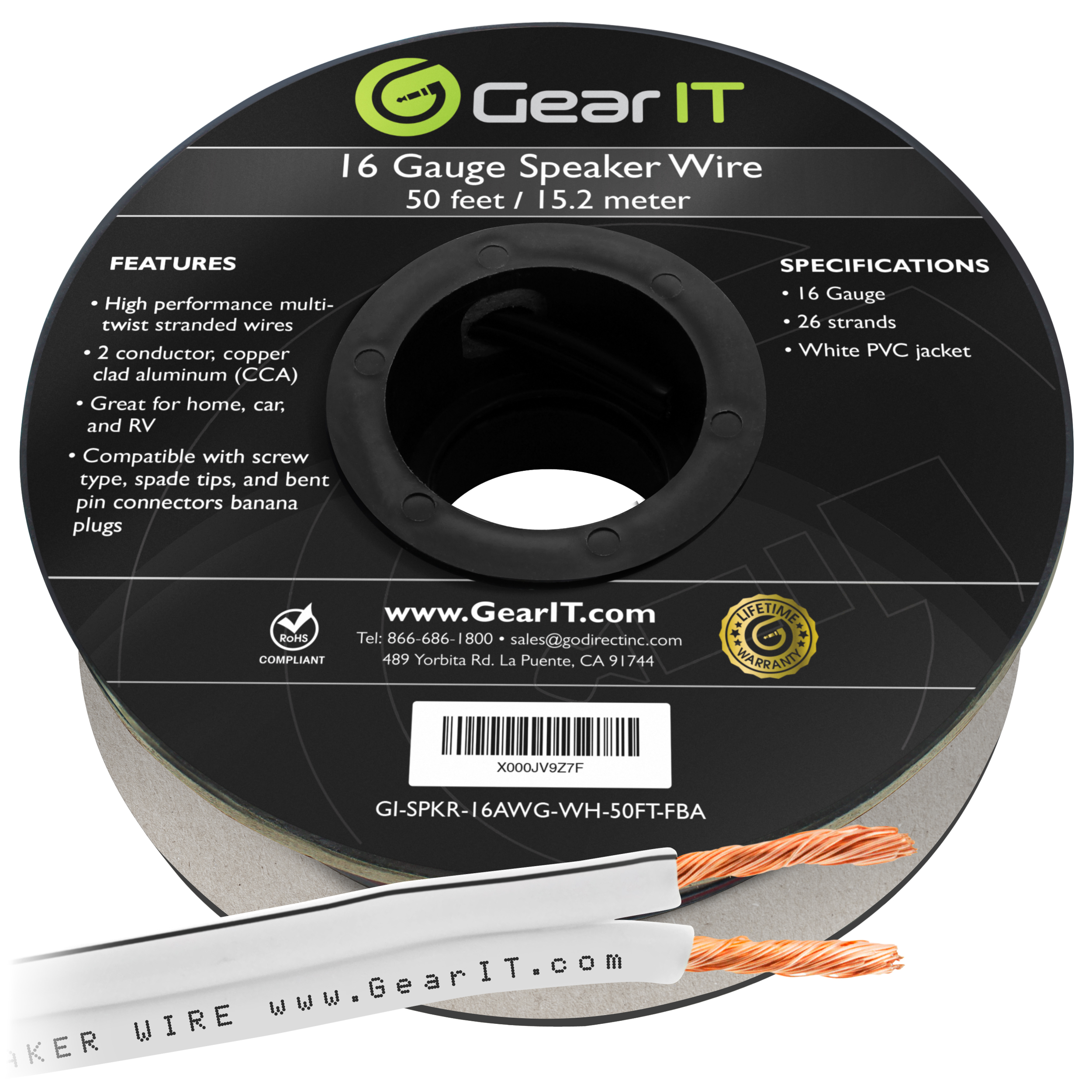 16AWG Speaker Wire, GearIT Pro Series 16 Gauge Speaker Wire Cable (50 Feet / 15 Meters) Great Use for Home Theater Speakers and Car Speakers, White - image 1 of 7