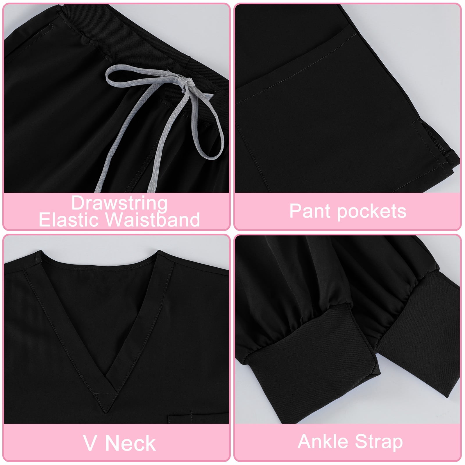Scrub Sets for Woman Solid Color V-Neck Short Sleeve Long Pants Nurse Uniform with Pock Black S