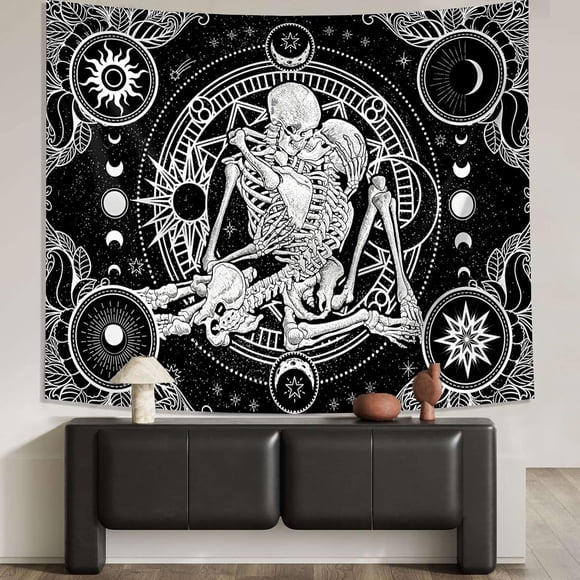 Tapiz gótico para colgar en la pared con forma de pareja de esqueletos, 150 x 130 cm