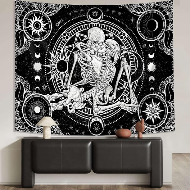 Tapiz gótico para colgar en la pared con forma de pareja de esqueletos, 150 x 130 cm