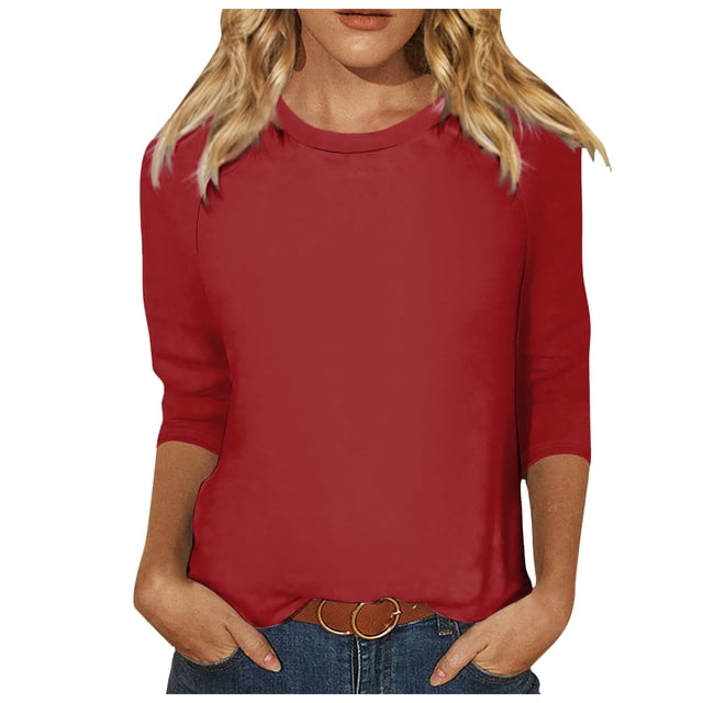 Fgnfyis Haut à Manches 3/4 pour Femmes Été Décontracté Polyvalent Raglan Col Rond Chemise Décontractée T-Shirts pour Femmes Rouge_001 S