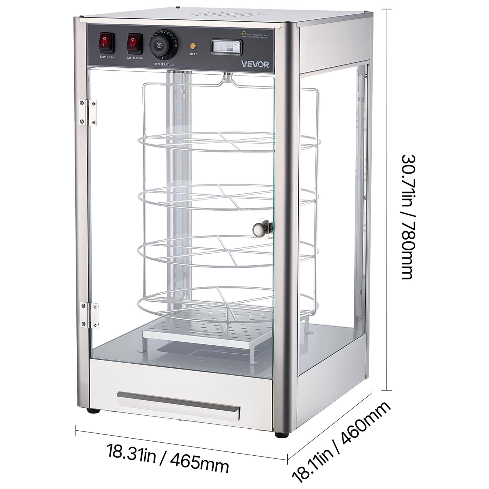 VEVOR Commercial Food Warmer Display, 4-Tier Pizza Warmer with Rotary Steam Heating for 14 in Pizza, 86℉~185℉ Temperature Control and Temp Display, 25W Oven Light + Top LED for Pizza Shop, Restaurant