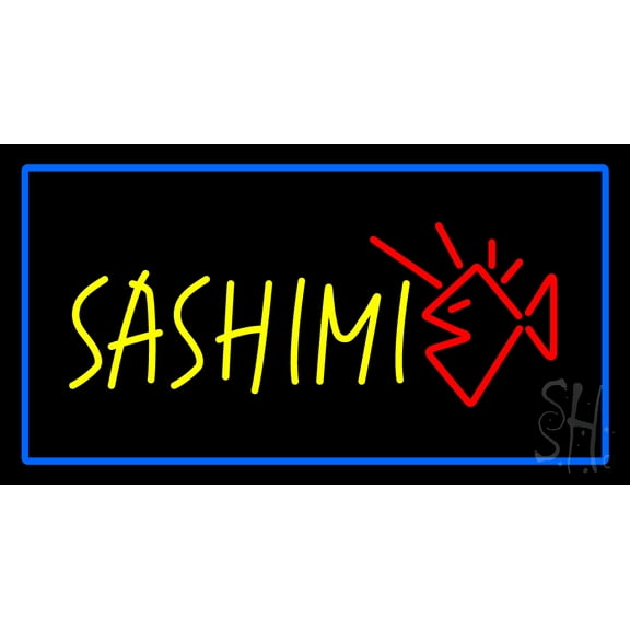 Yellow Sashimi Rectangle Blue LED Neon Sign 13 x 24 - inches, Clear Edge Cut Acrylic Backing, with Dimmer - Bright and Premium built indoor LED Neon Sign for restaurant window and interior decor.