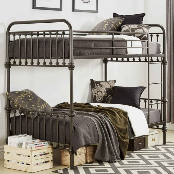 Weston Home Nottingham Twin over Twin Metal Bunk Bed with Ladder, Dark Bronze