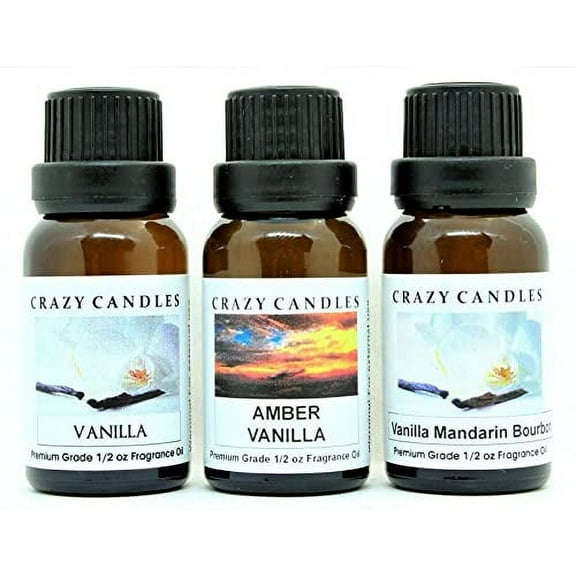 3 Bottles Set, 1 Vanilla, 1 Amber Vanilla, 1 Vanilla Mandarin Bourbon 1/2 Fl Oz Each (15ml) Premium Grade Scented Fragrance Oils by Crazy Candles