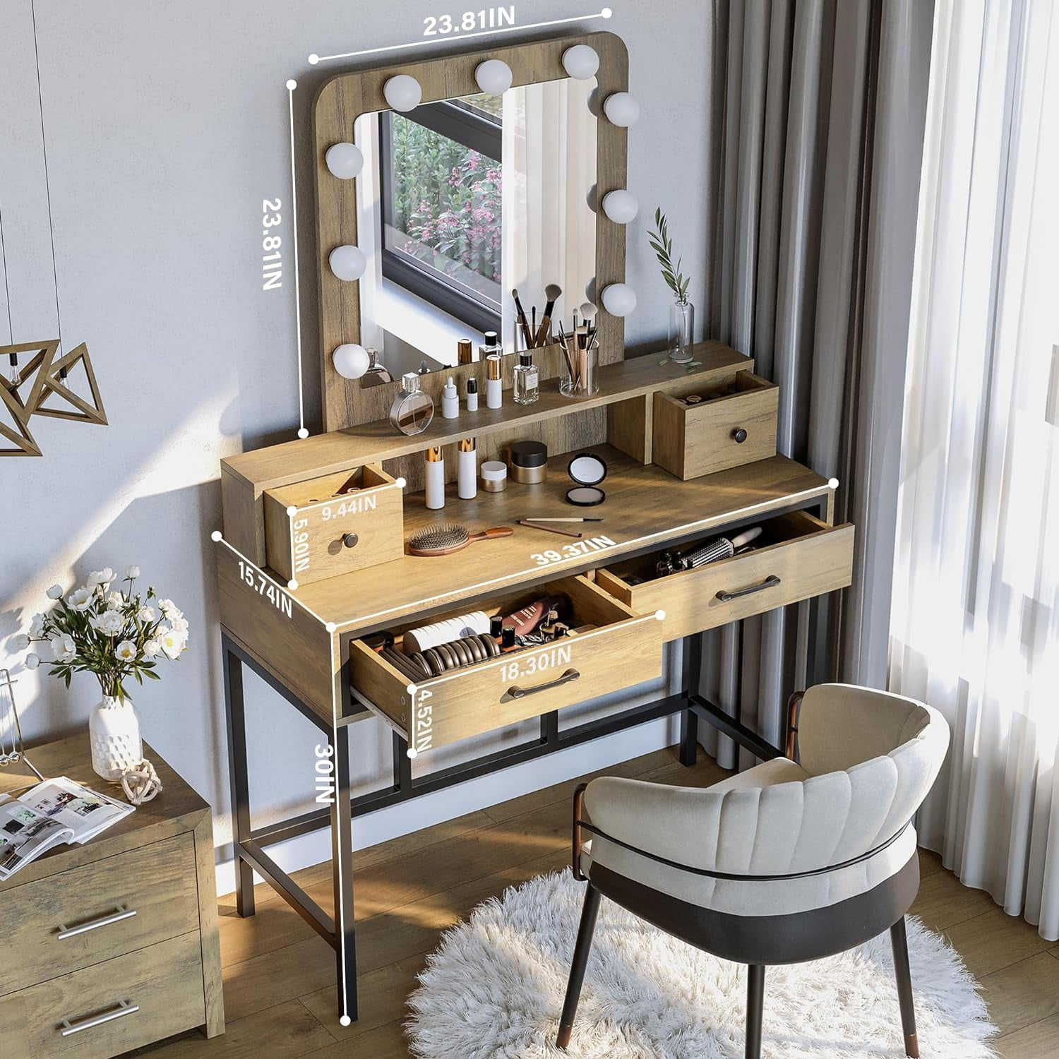 Heynemo Makeup Vanity with 3 Color Dimmable Lighted Hollywood Mirror, Vanity Table with 4 Drawers for Women Girls, Dressing Desk for Bedroom, Beauty Room, Brown