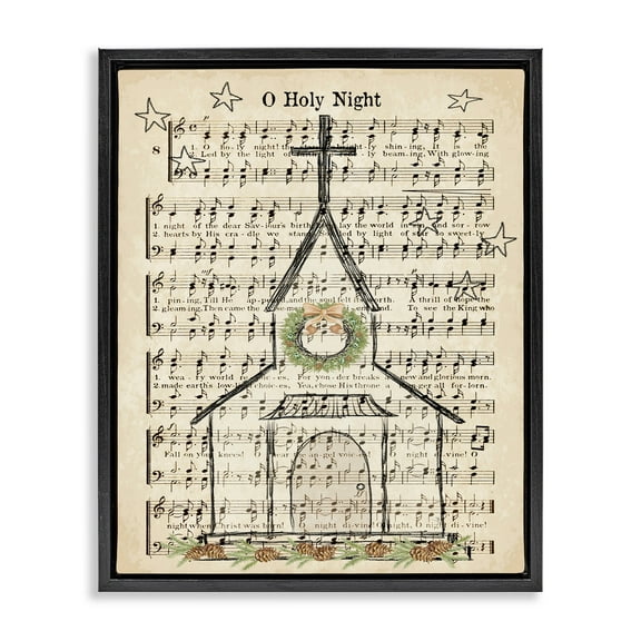 Stupell Industries Festive Winter Church Holy Night Musical Script Jet Black Framed Floating Canvas Wall Art, 16x20, by Andi Metz