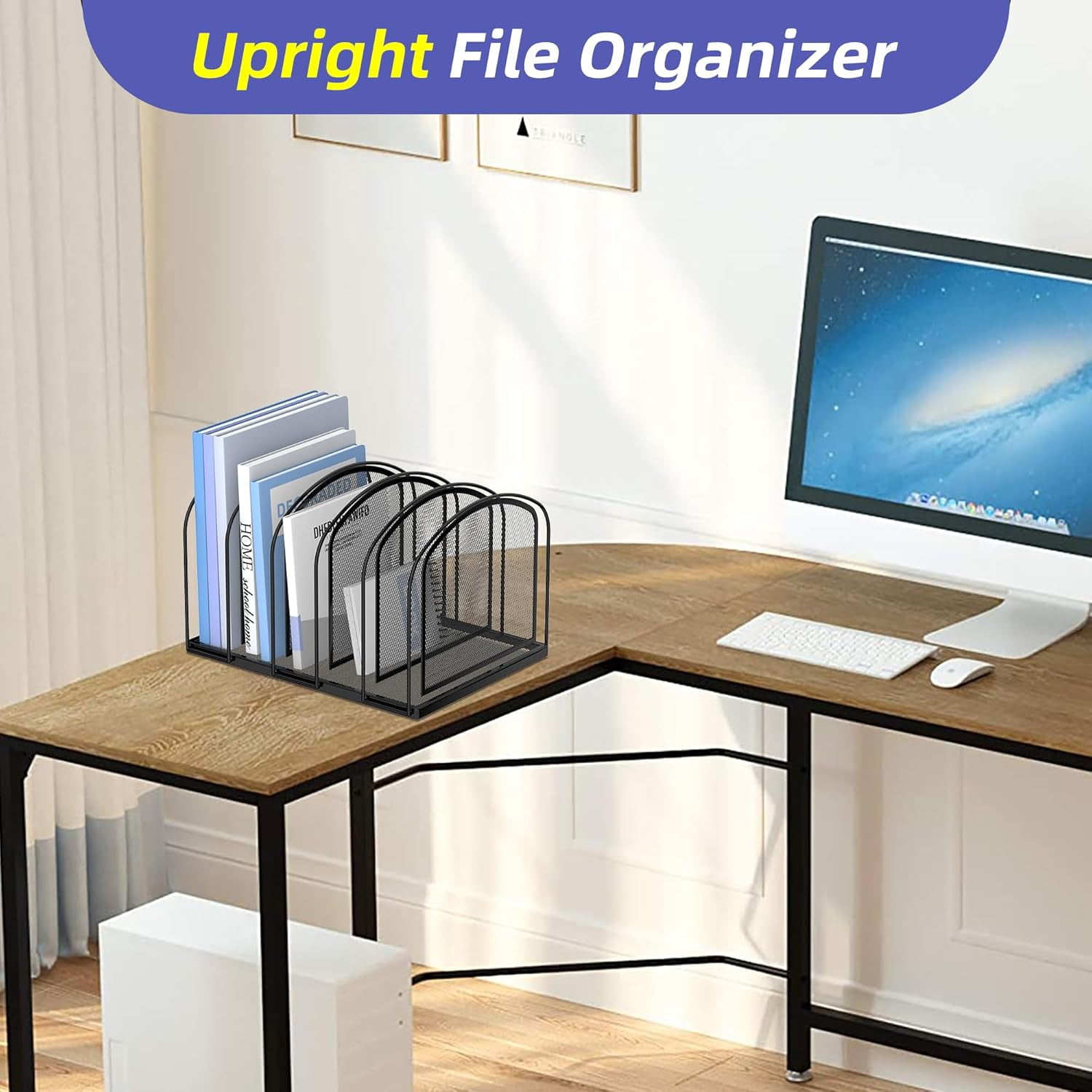 INTIGE 5 Compartment Metal Mesh File Organizer for Desk, Desk Folder Holder, Black, 1 Piece