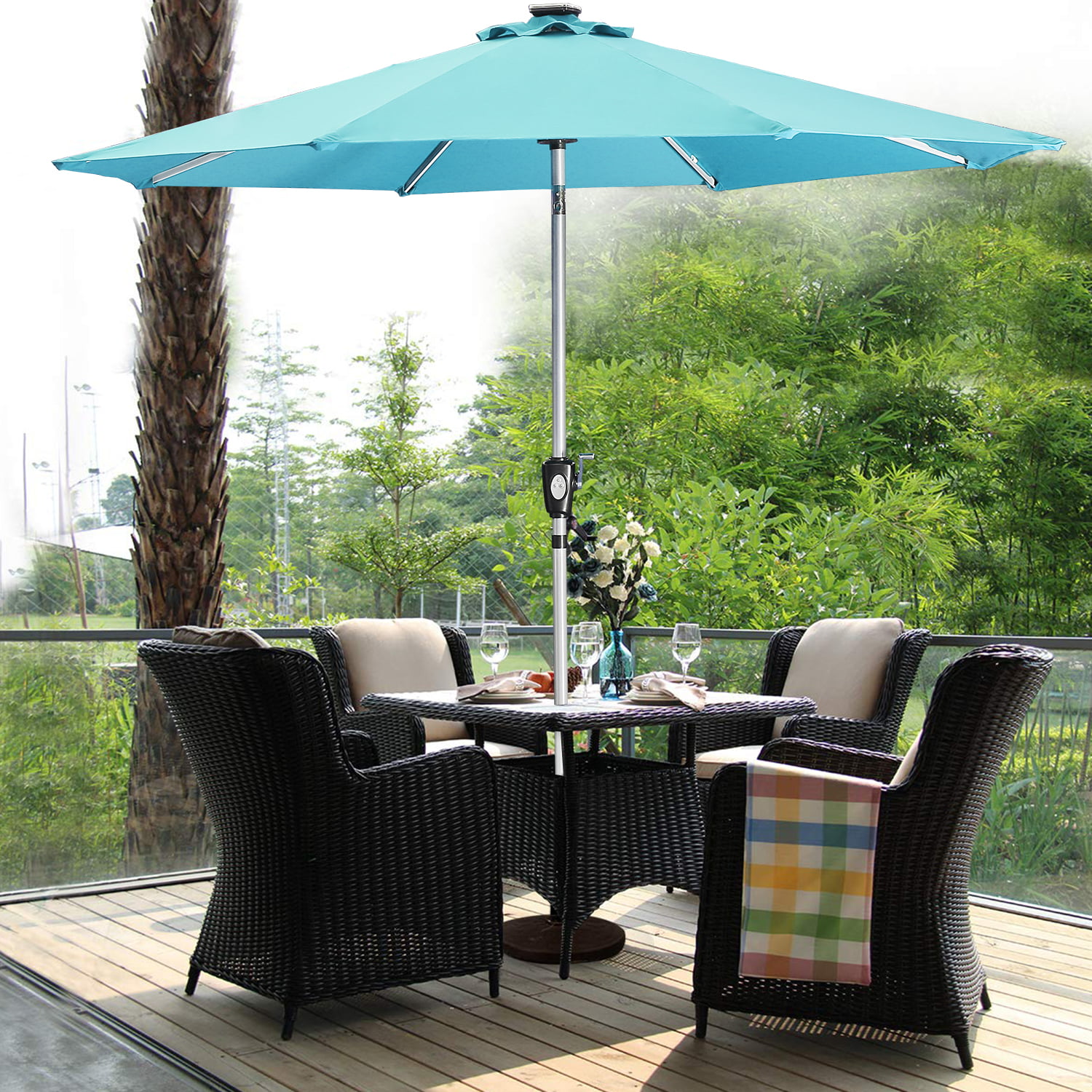 9FT Patio LED Solar Light Umbrella Waterproof Sunscreen Patio Tilt Outdoor 