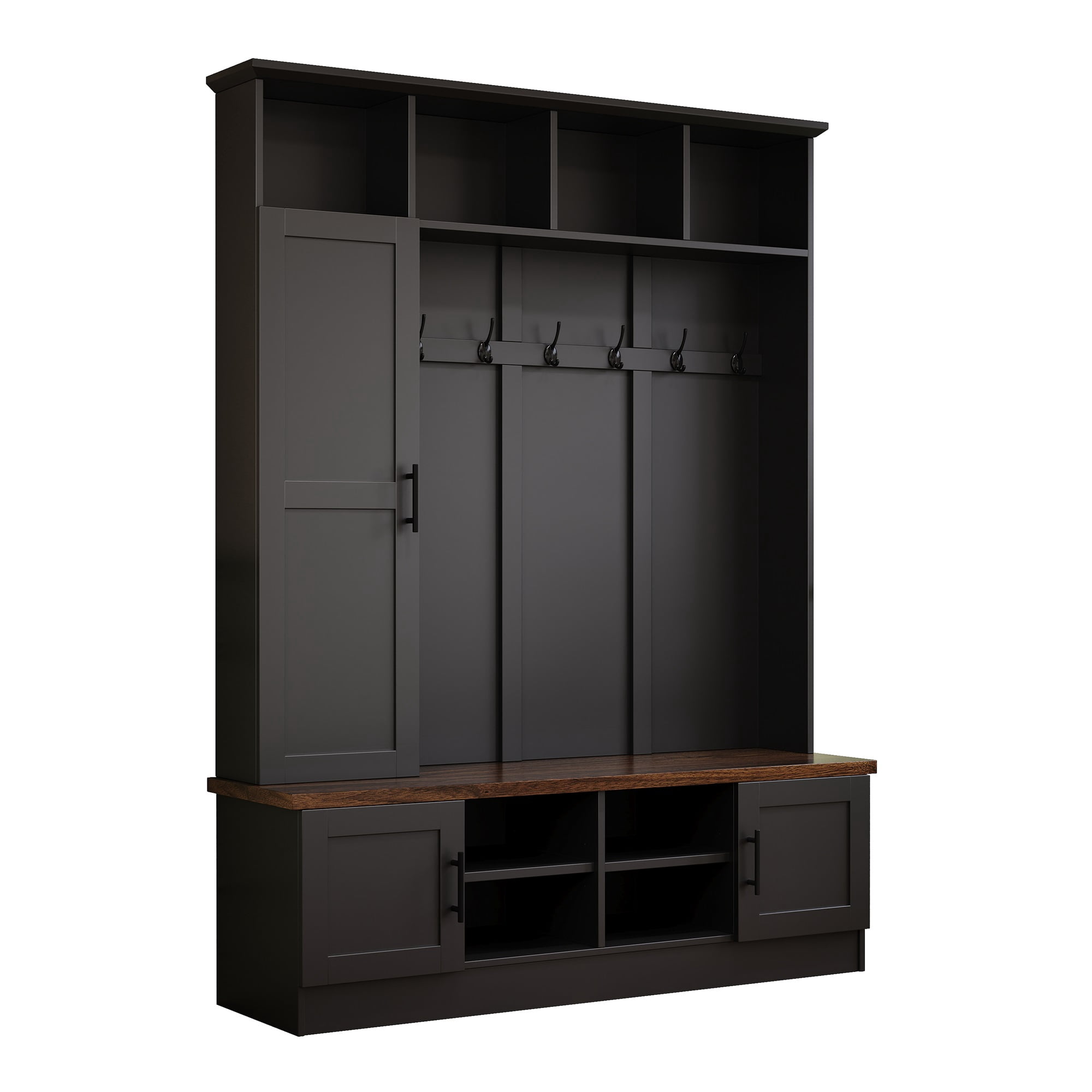 Euroco Versatile 3-in-1 Hall Tree with 6 Hooks, Farmhouse Walnut Storage Bench with Adjustable Shelves, 55"W Entryway Coat Rack with Multiple Storage Space