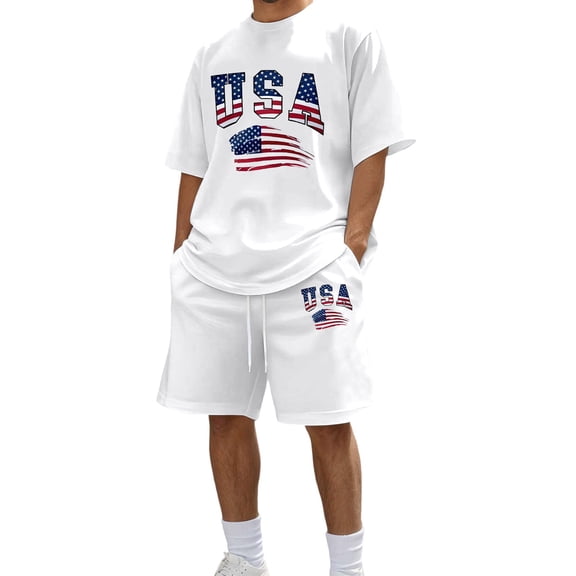 IWRICH Men's 4th of July Outfits USA Flag Patriot Short Sleeve Shirts and Shorts Set 2 Piece Independence Day Athletic Jogging Tracksuits White XL