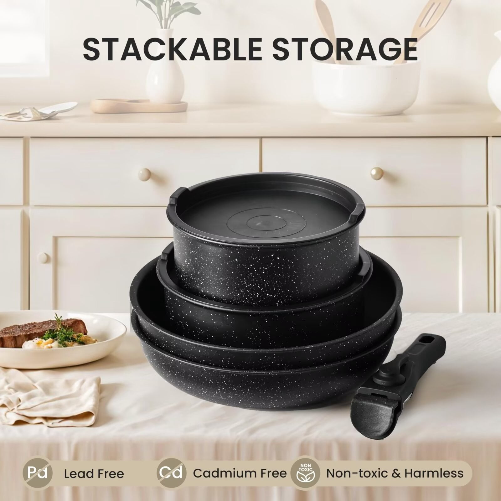 Simple Deluxe 12Pcs Pots and Pans Set, Nonstick Cookware Sets, Black Granite Induction Cookware with Detachable Handle, Black
