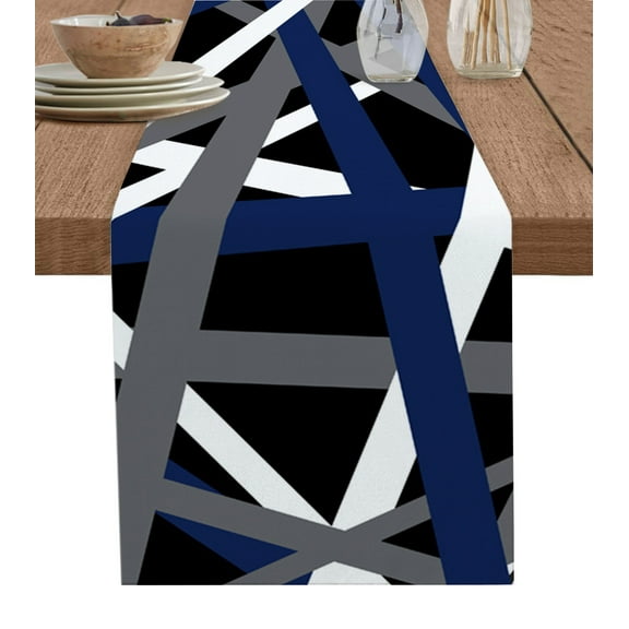 Table Runner Dresser Scarves 90 Inch Long, Blue White Gray Geometric Stripe Linen Dining Table Runners Abstract Line Art on Black Tabletop Scarf for Wedding Holiday Party Kitchen
