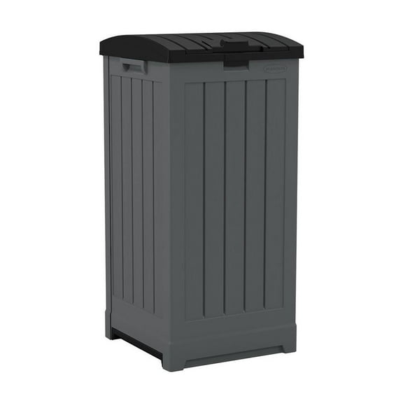 Suncast Trash Hideaway 39 Gallon Outdoor Trash Can Patio or Deck Waste Bin with Latching Lid, Liquid Tray, Handles, and Trash Bag Holder, Peppercorn