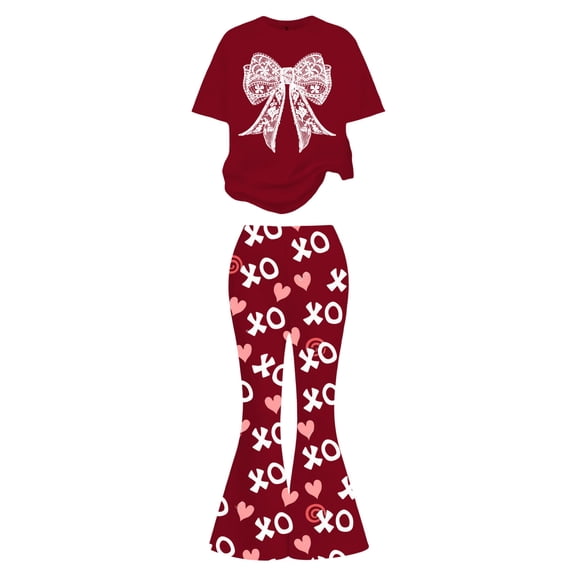 Valentine's Day Girls 2 Piece Set Cute Bow Heart Print Short Sleeve Top with Flare Leg Pants Toddler Casual Wear