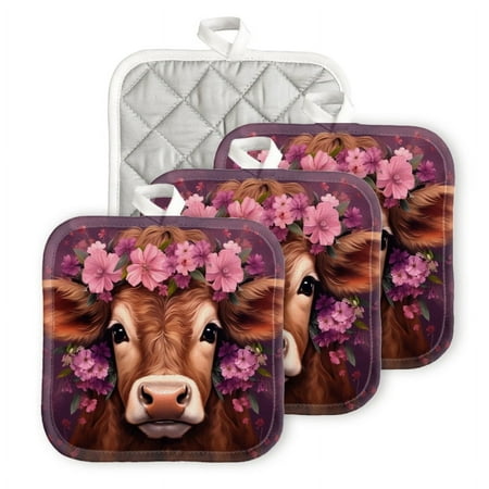 

BaHomeck Pot Holders 4pcs dacron Made Square heat-resisting mat Machine Washable for Kitchen Oven Hot Pads 6.7inch*6.7inch Cute Brown Cow With Pink Flowers On Head