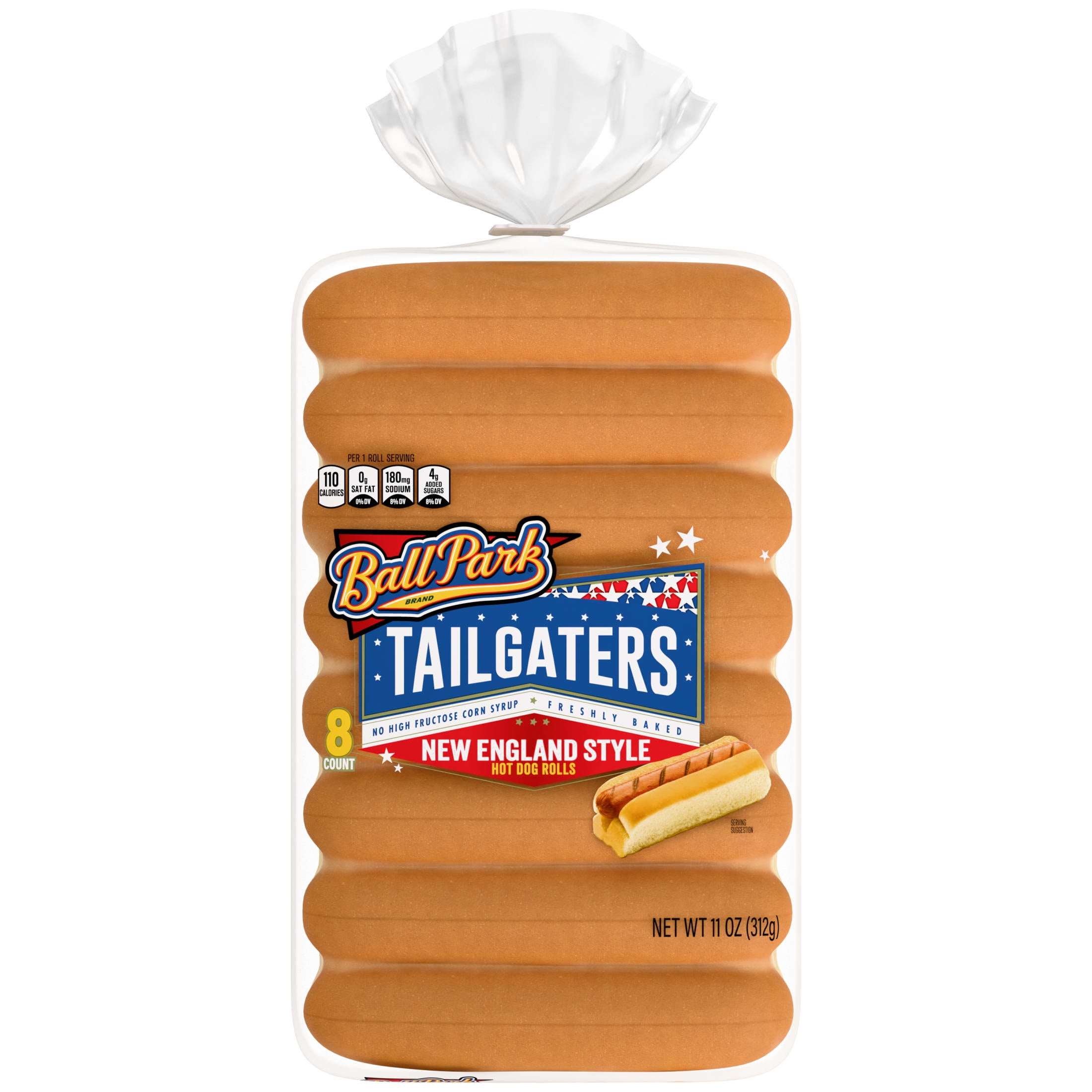 Ball Park Tailgaters New England Style Hot Dog Rolls, 8 count, White Top-Split Hot Dog Buns, 11 oz Bag