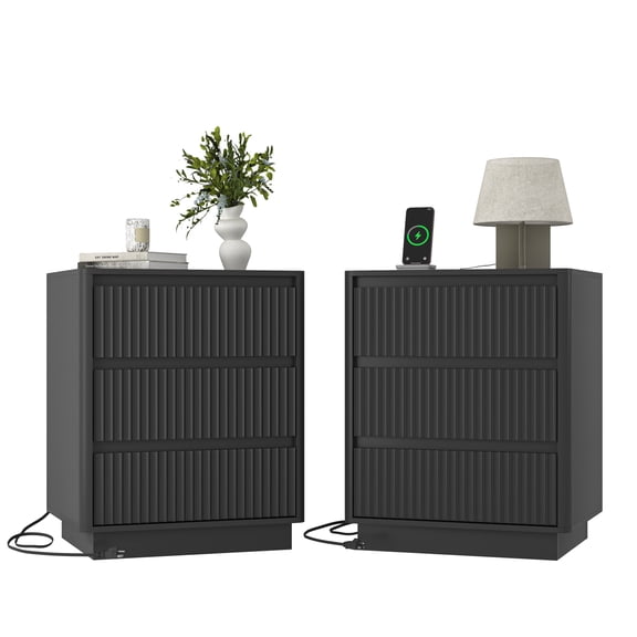 Leumius 3-Drawer Small Nightstand Set of 2 with Charging Station,Modern Sofa Side Table End Table Wood Storage Cabinet for Living Room,Bedroom,Office,Black